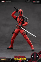 Deadpool action figure holding a sword on a gray background