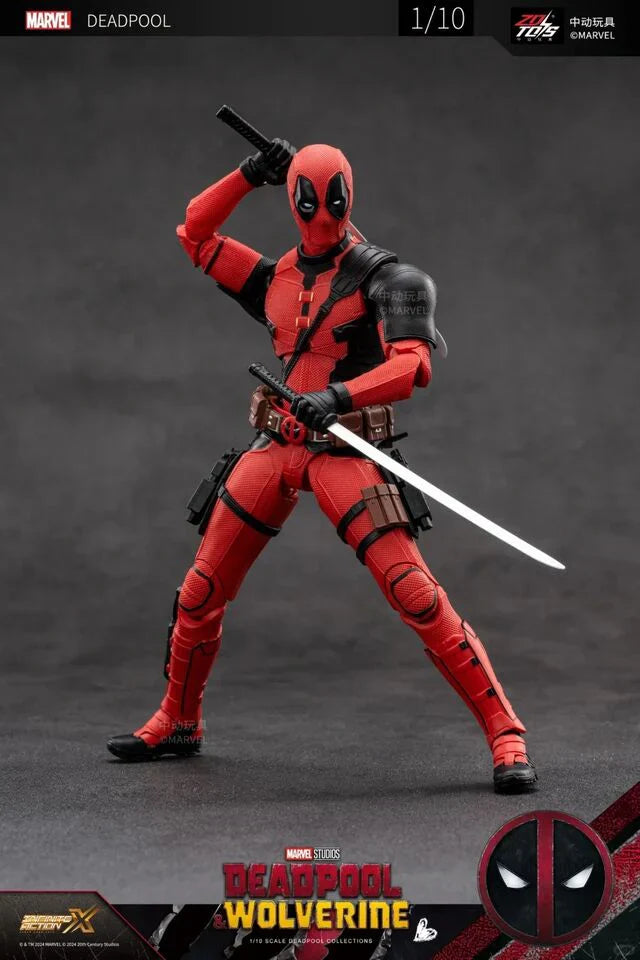 Deadpool action figure holding a sword on a gray background