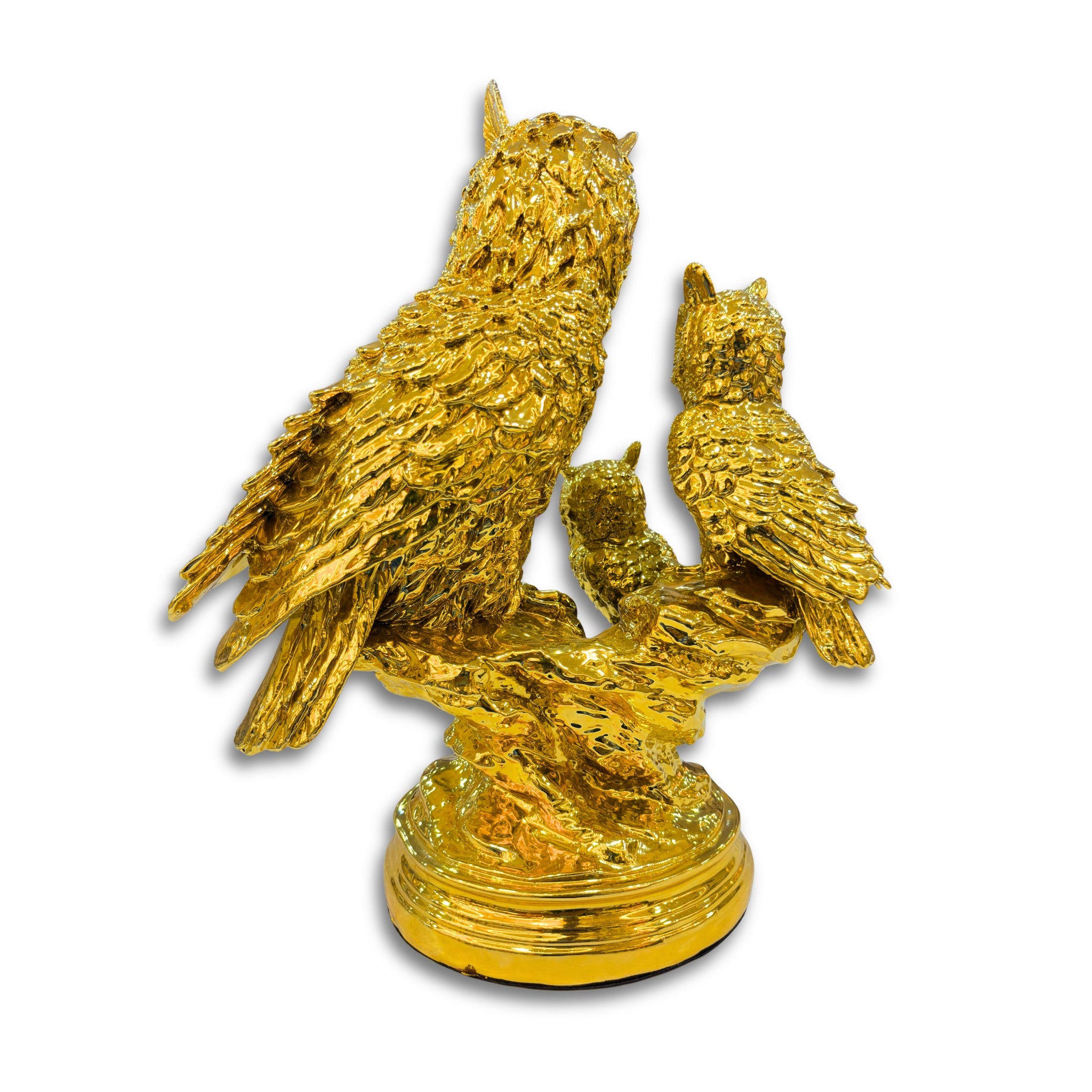 Back side view of Golden Owl Statue – Detailed Feather Design and Glossy Gold Finish on Premium Resin Owl Showpiece for Home Decor