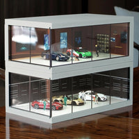Black modern 1:64 scale diecast car display case with lighting