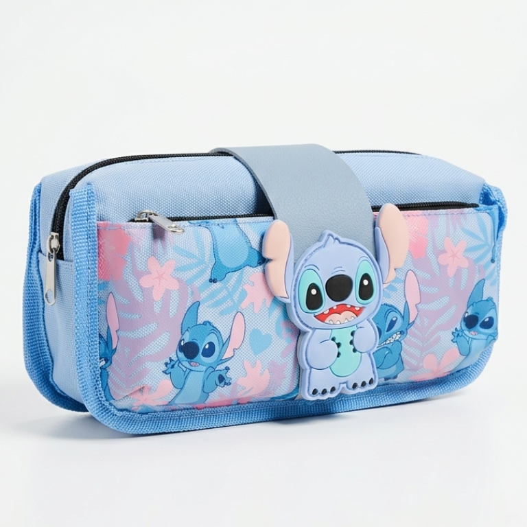 Large capacity Stitch character pencil case in lavender  with multiple zippers and tropical leaf pattern.