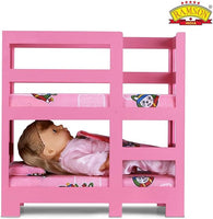 Double-decker doll bed in pink with doll and bedding set for children