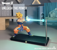 Dragon Ball Z figurine on a stand with 'Unleash the Power' text in a room setting.