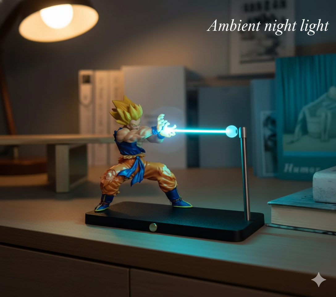 Figurine with glowing effect on a stand, labeled 'Ambient night light', in a room setting.
