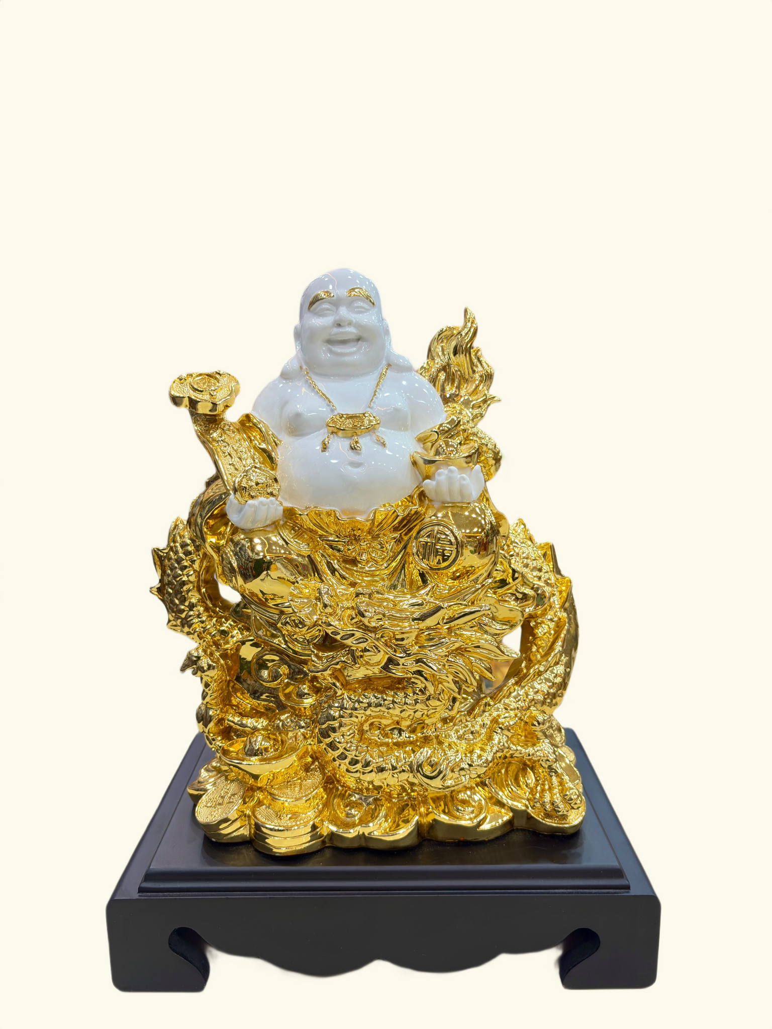 Dragon Laughing Buddha Statue – White & Gold  Decor