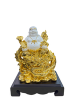 Handcrafted Dragon Laughing Buddha Statue in White and Gold with Wooden Base – 14.5 Inch Spiritual Home Decor and Prosperity Figurine