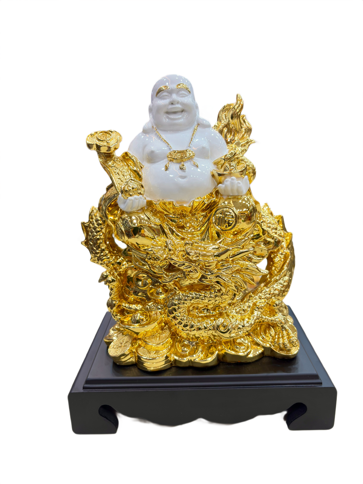 Handcrafted Dragon Laughing Buddha Statue in White and Gold with Wooden Base – 14.5 Inch Spiritual Home Decor and Prosperity Figurine