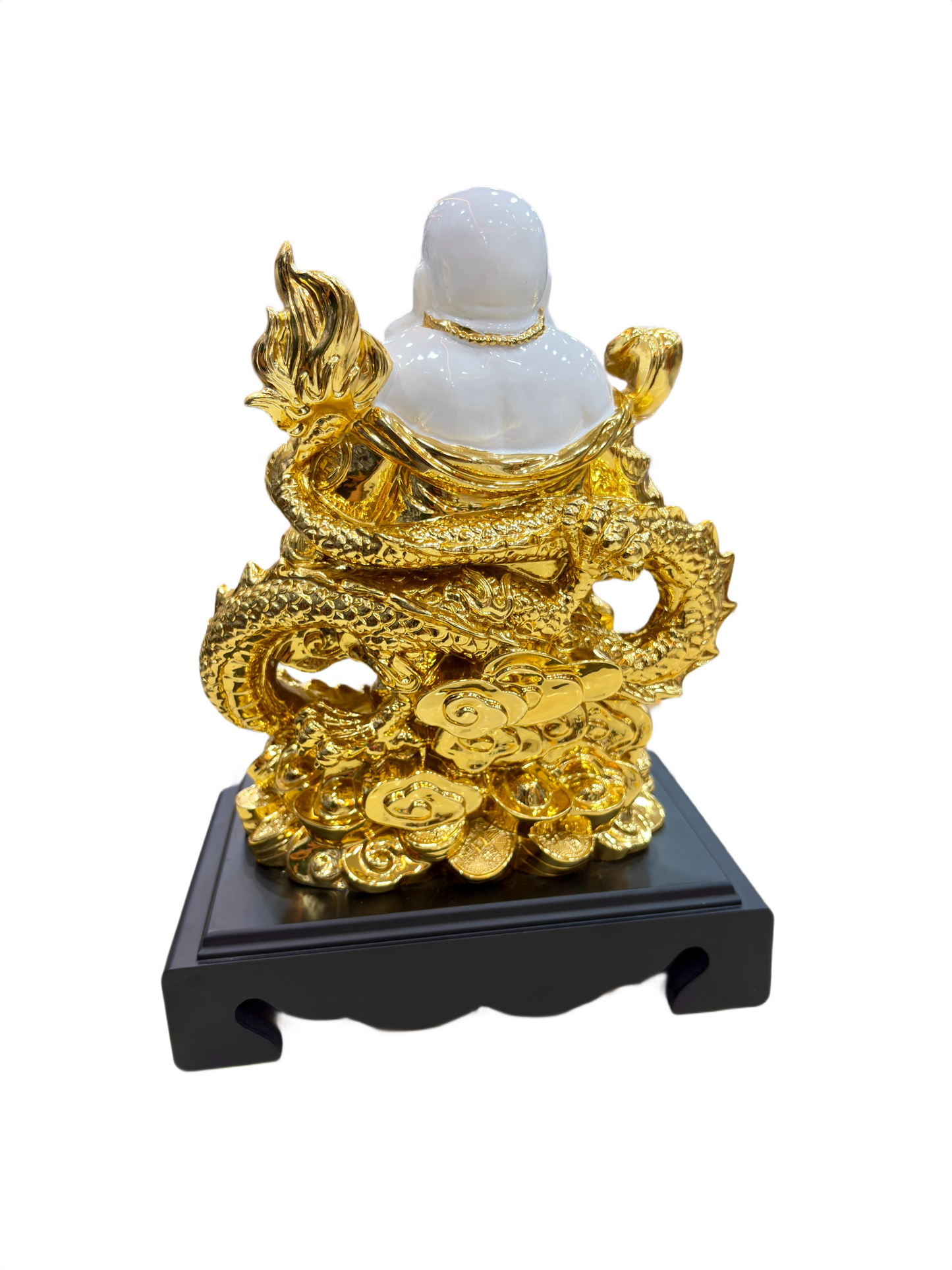 Handcrafted Dragon Laughing Buddha Statue in White and Gold with Wooden Base – 14.5 Inch Spiritual Home Decor and Prosperity Figurine