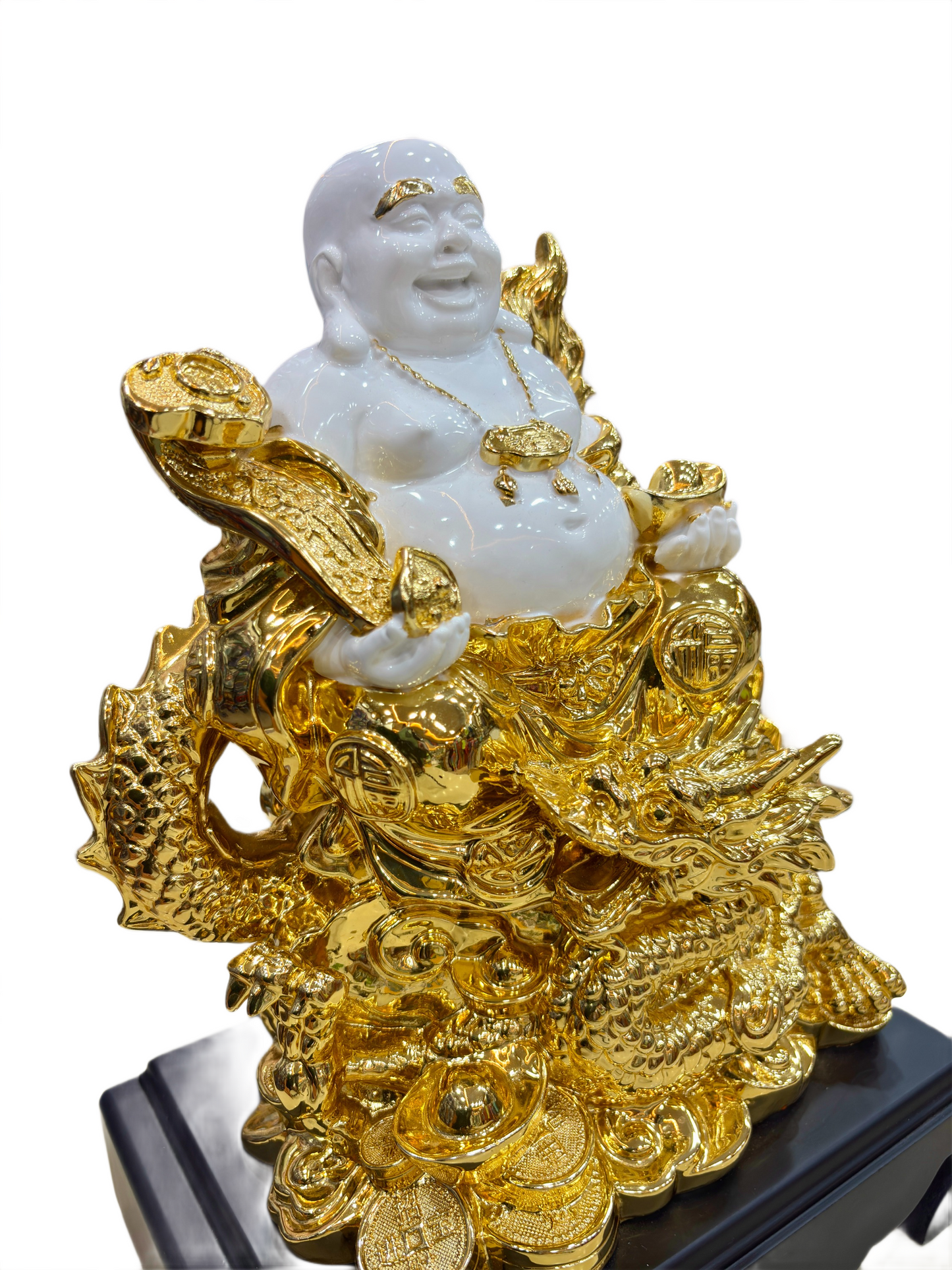 Handcrafted Dragon Laughing Buddha Statue in White and Gold with Wooden Base – 14.5 Inch Spiritual Home Decor and Prosperity Figurine