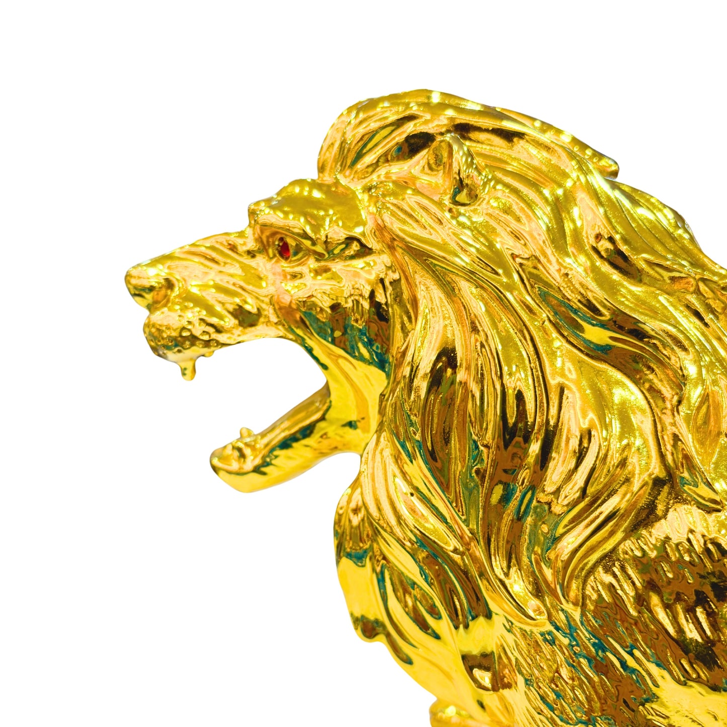 Golden polystone lion showpiece placed on table décor setup – luxury accent for home and office interiors