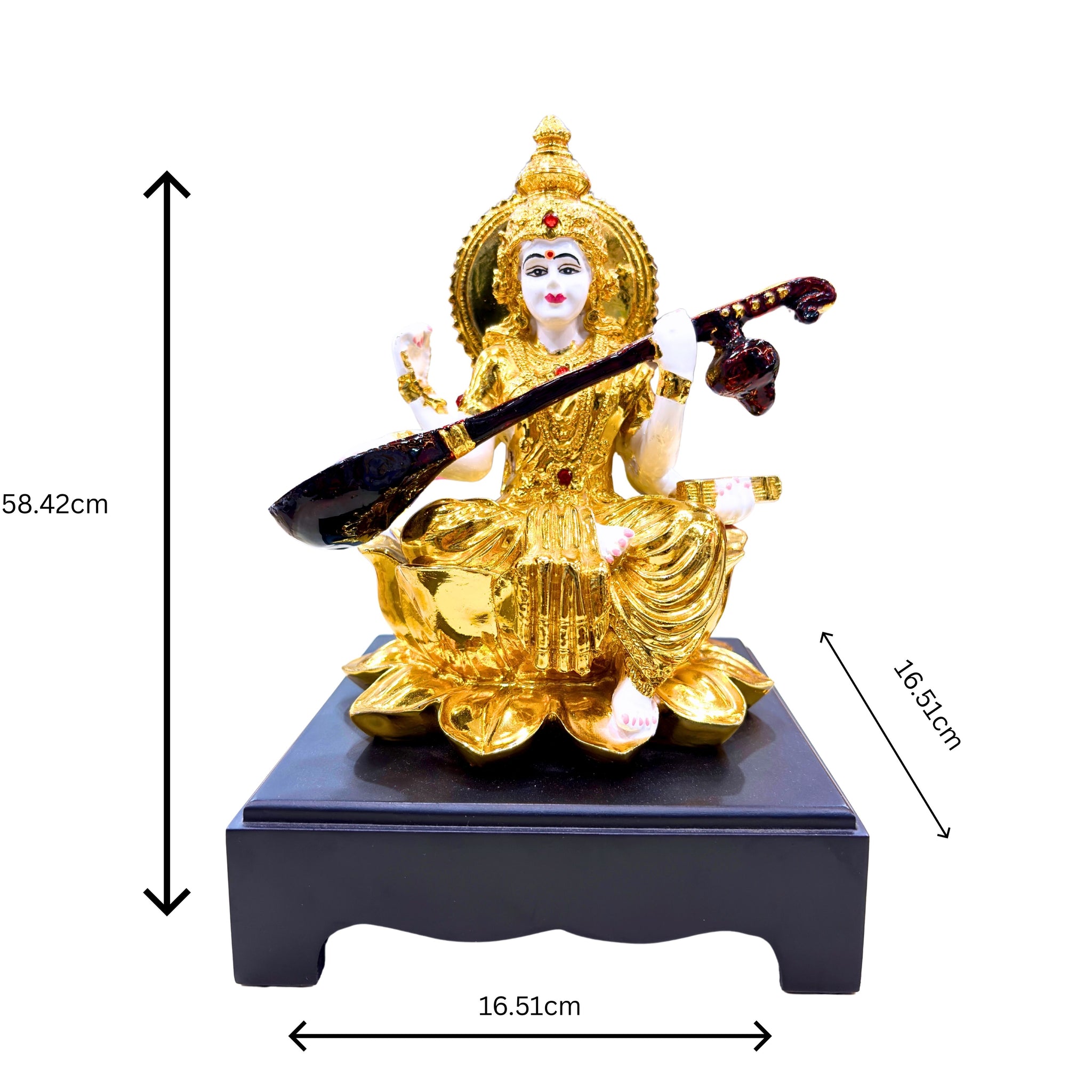 Handcrafted Goddess Saraswati Idol in Gold Finish Resin Sitting on Lotus with Veena – 26.6 cm Decorative Statue for Home & Office