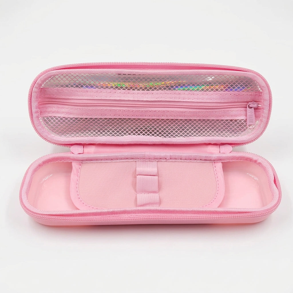 Pink EVA structured pencil box with bear character cutout window and mesh detail for students