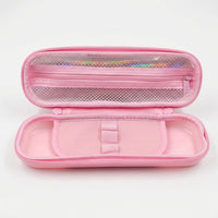 Pink EVA structured pencil box with bear character cutout window and mesh detail for students