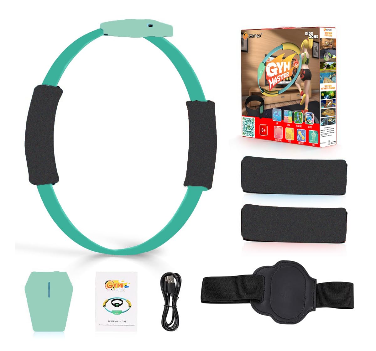 Family having fun and exercising together using the Sameo Gym Master motion fitness ring in their living room