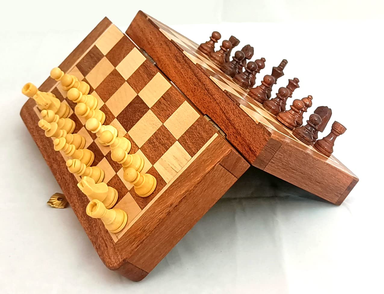 Handcrafted folding magnetic wooden chess board with brass lock