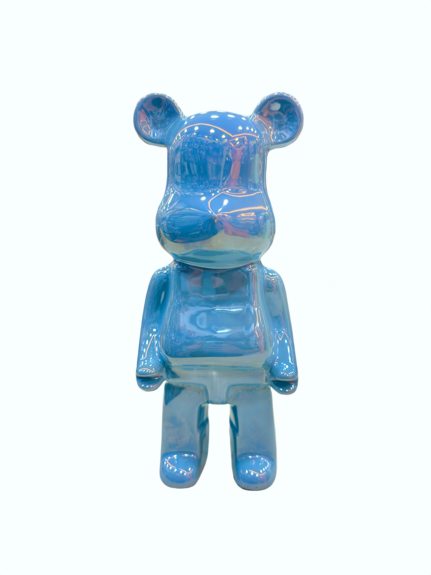 Front view of 10.7 inch glossy blue ceramic bear piggy bank decorative coin bank.
