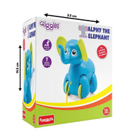 Box of Giggles Alphy the Elephant toy with dimensions and Funskool branding.