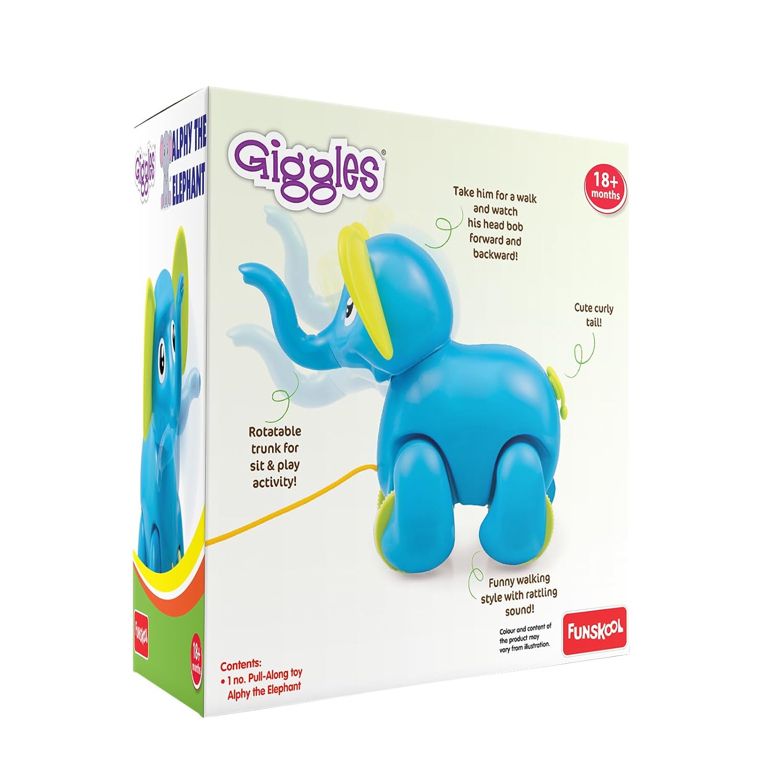 Box of a blue elephant toy with Giggles branding on a white background