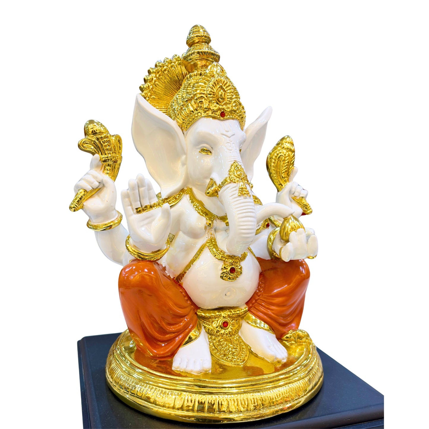 Handcrafted Lord Ganesha Idol in Gold Finish Resin with Orange Dhoti – 32.25 cm Decorative Statue for Home Temple and Office Décor