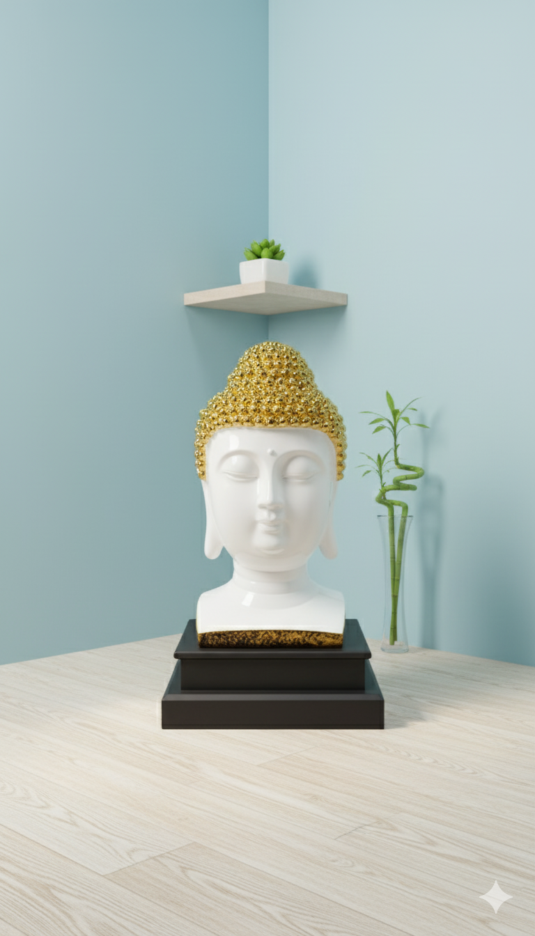 Buddha head sculpture with gold hair on a black base against a light blue wall.