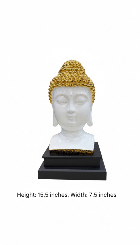 Buddha head sculpture with gold hair on a black base, height 15.5 inches, width 7.5 inches