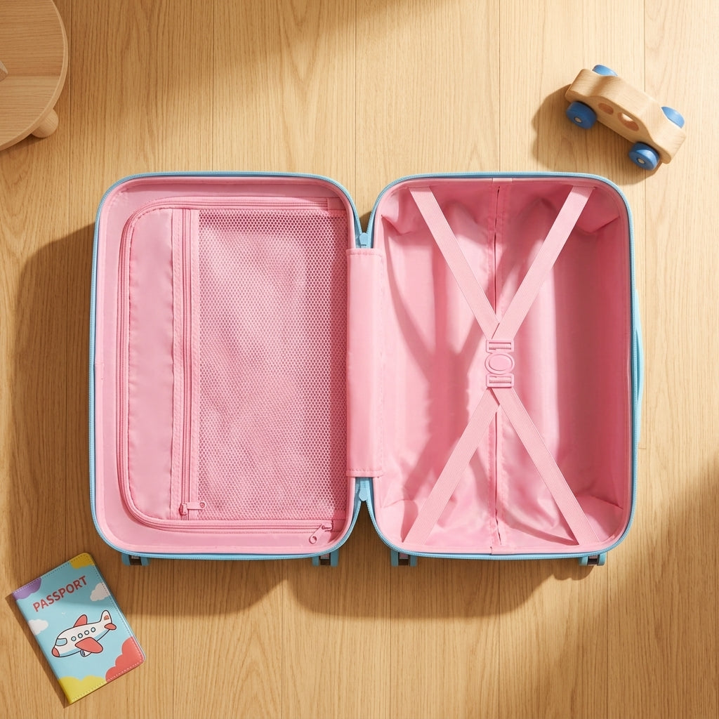 Kids cabin trolley suitcase sky blue with character print reading Best Day Ever, new with hang tag