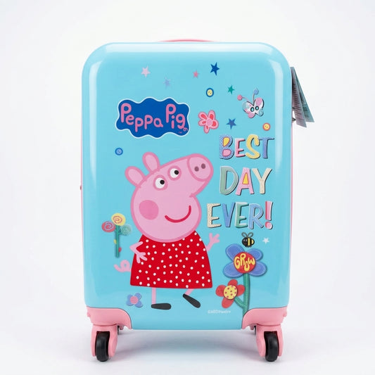 Girls hard shell kids trolley bag sky blue with pink spinner wheels and character print, 18 inch, age 3 plus