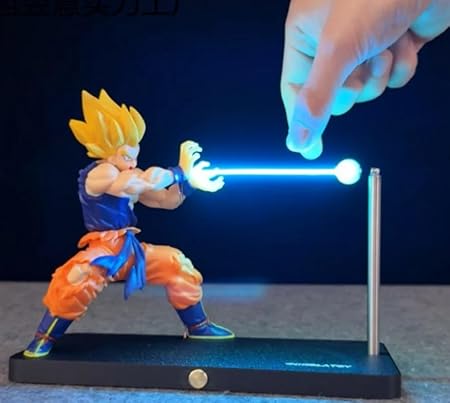 Action figure with glowing weapon held by a hand against a dark background