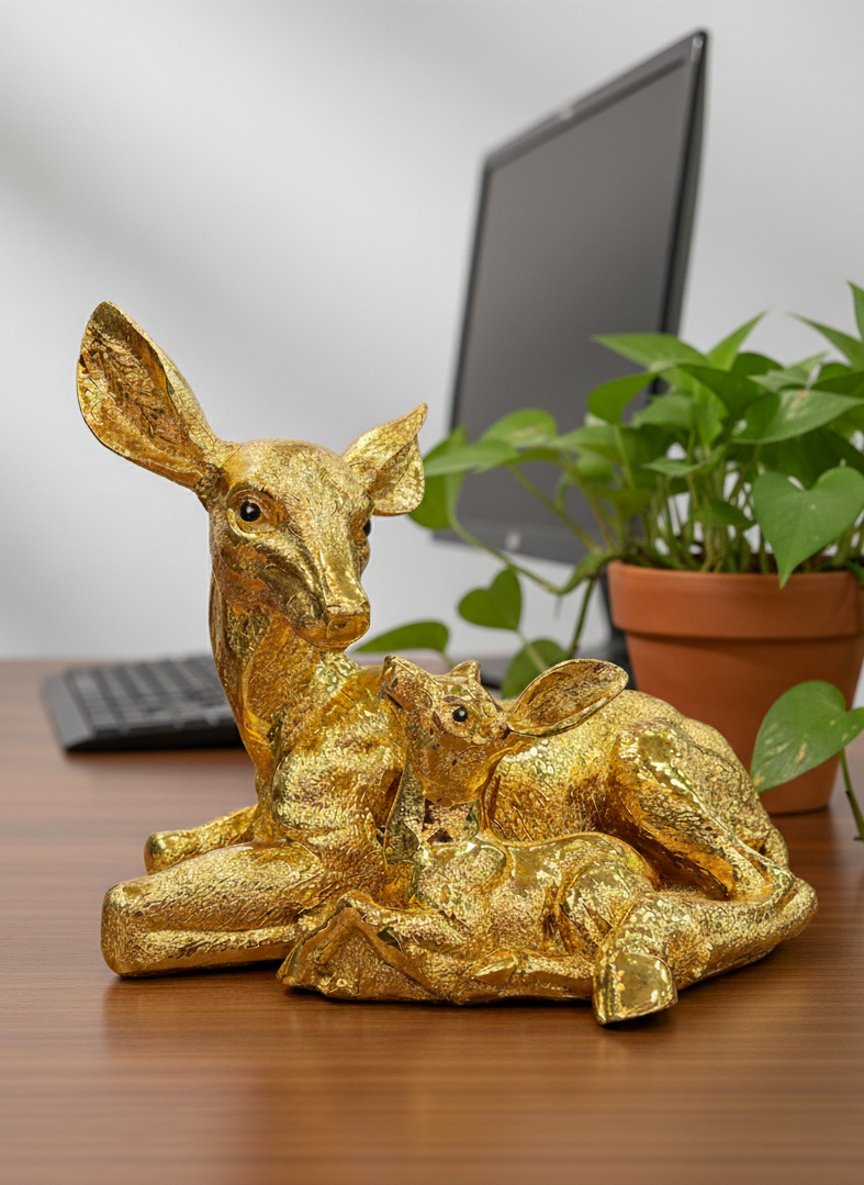 Golden deer and fawn showpiece with radiant gold finish – luxury animal figurine for home décor, office desk, and gifting."