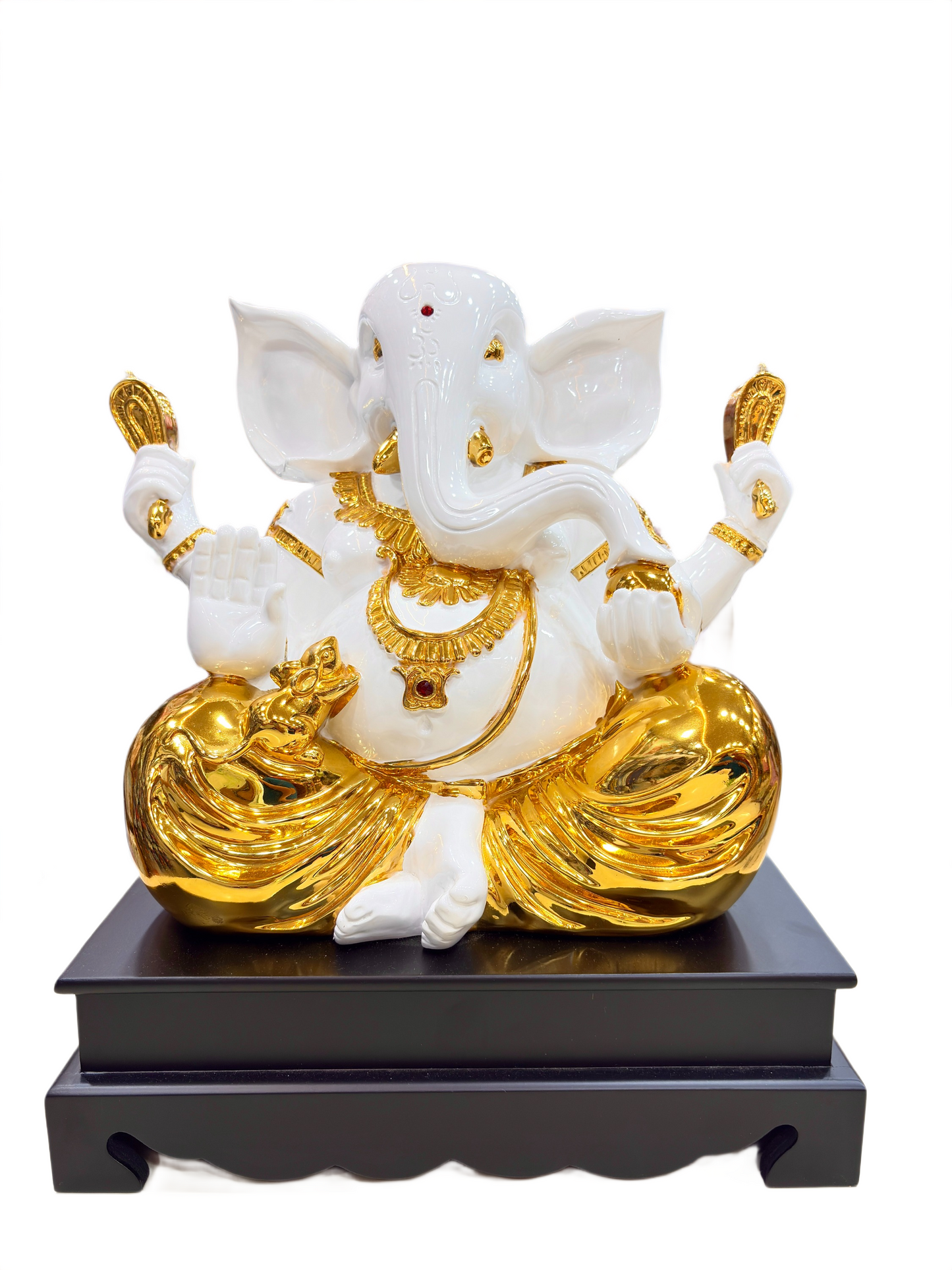 Golden Polystone Sitting Ganesha Idol – Hindu God Statue for Home Mandir & Spiritual Gift