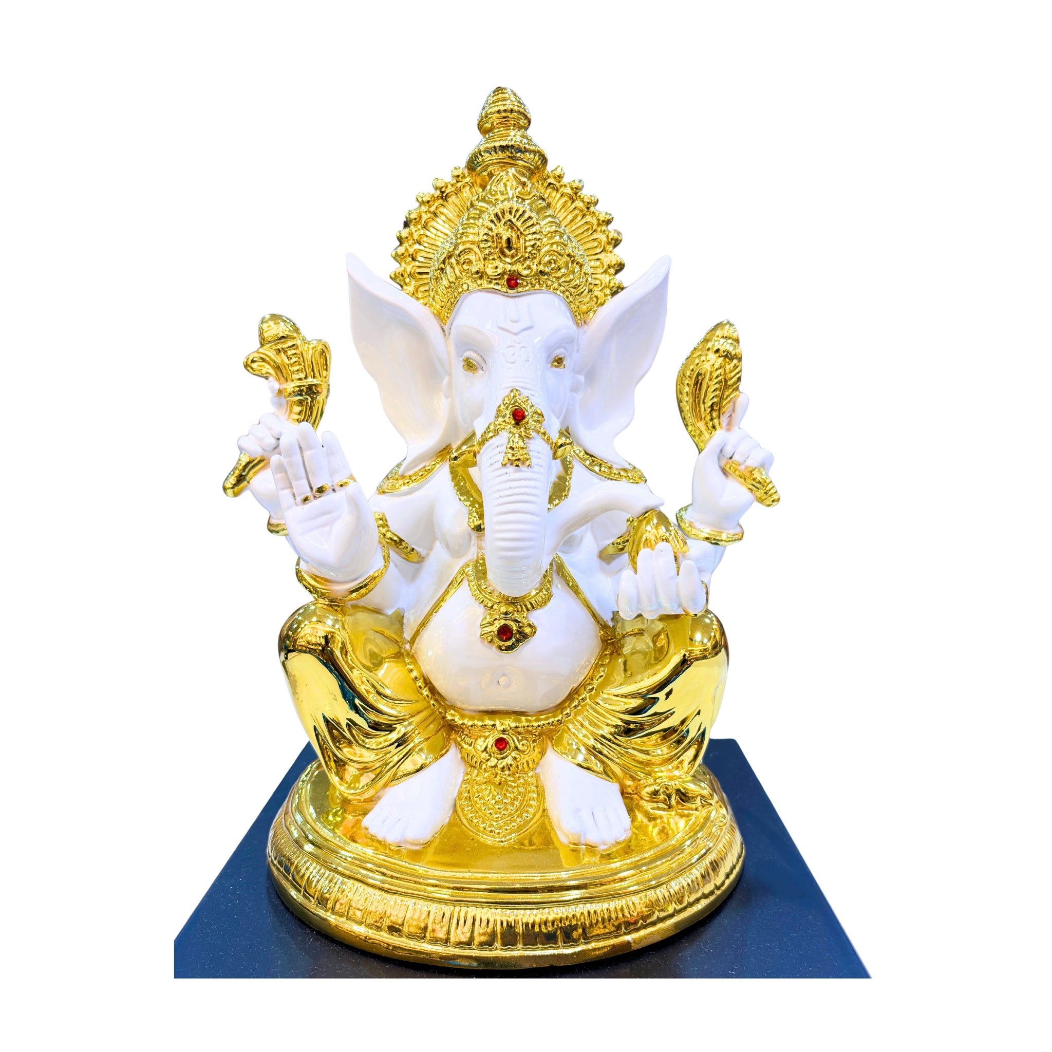 Premium white and gold Lord Ganesha resin idol – handcrafted Hindu god statue for home décor and gifting.”