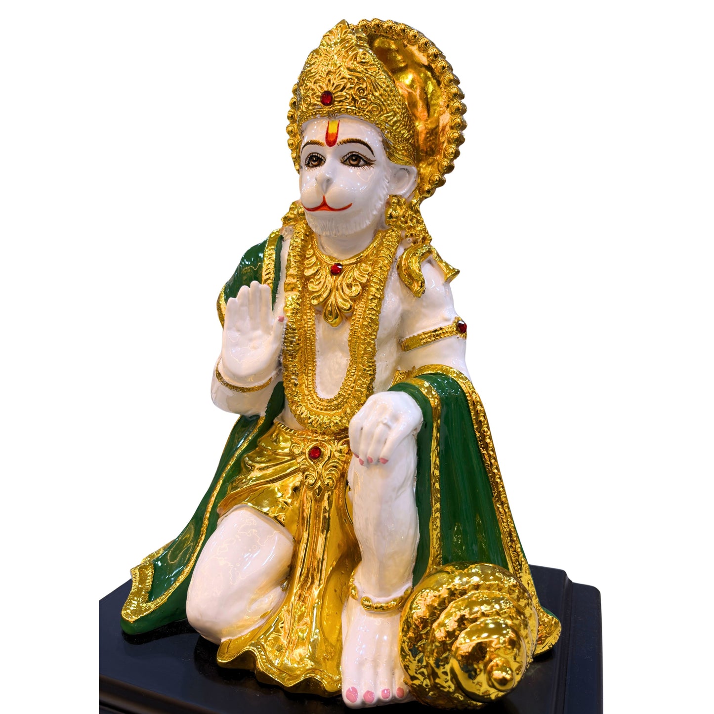Side view of premium resin Lord Hanuman statue in golden attire – handcrafted for home and temple worship.