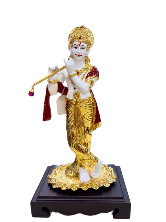 Golden Polystone Lord Krishna Idol with Flute – Hindu God Showpiece for Home Decor