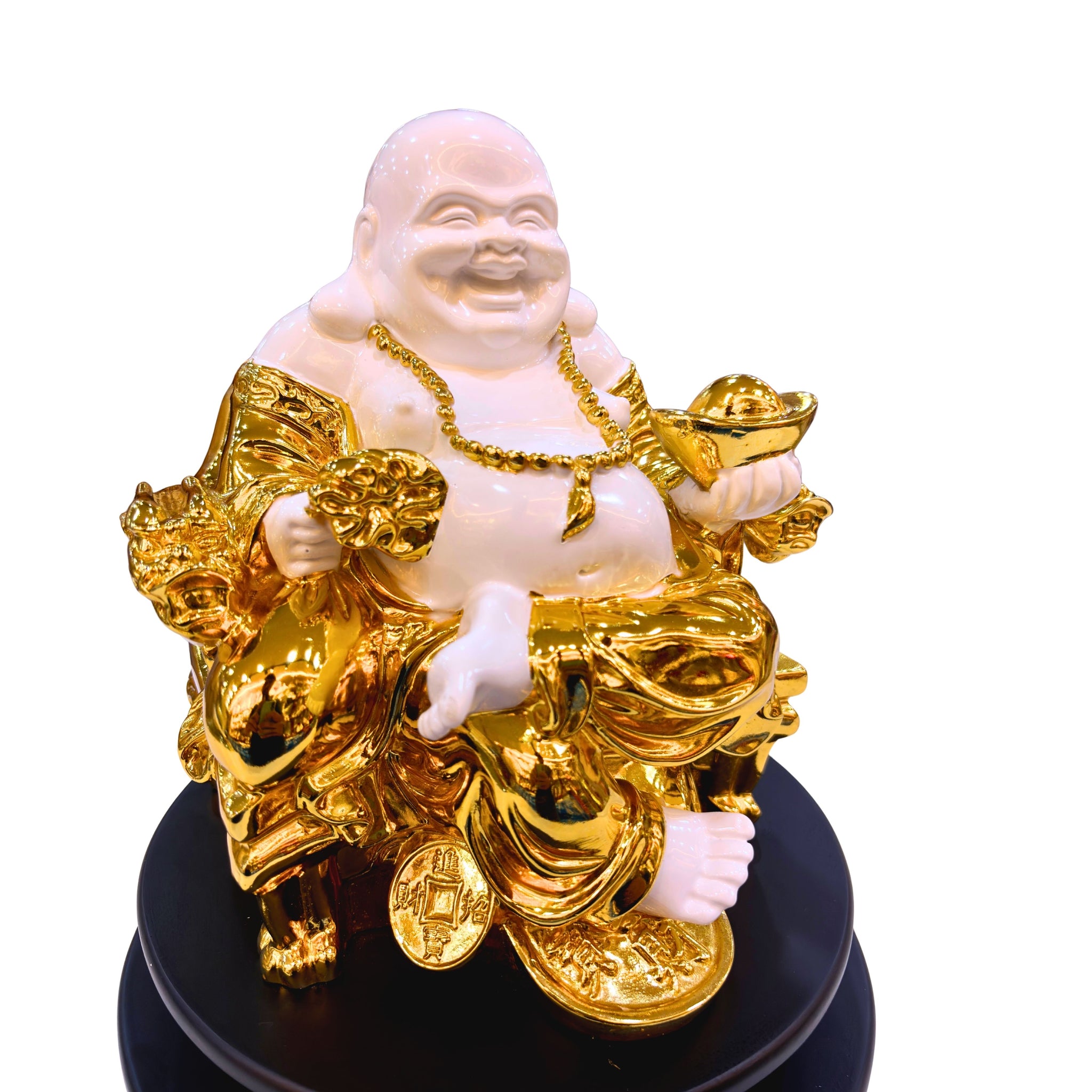Side view of Golden Laughing Buddha Figurine showcasing detailed craftsmanship, gold robe texture, and intricate resin design for home and office décor.