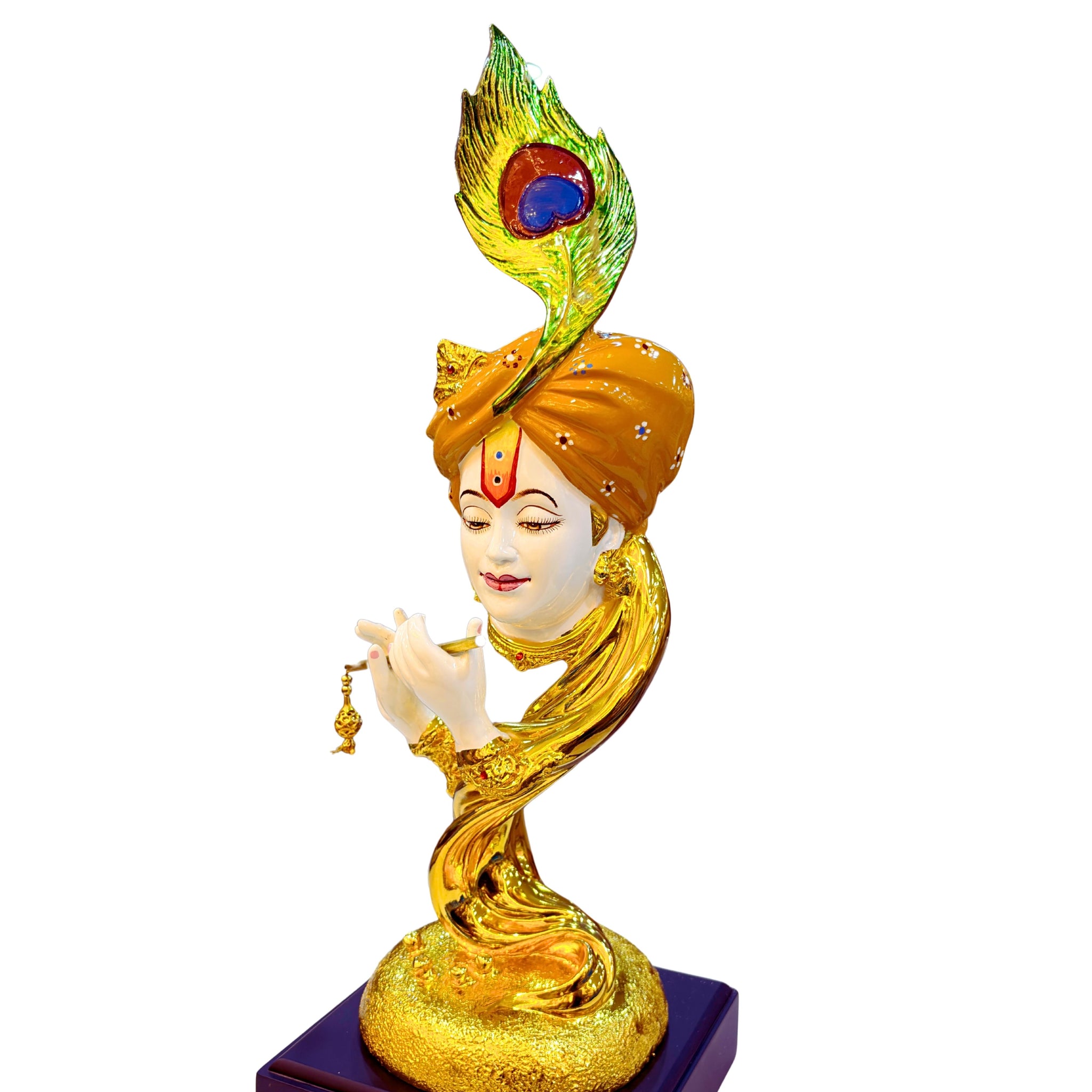 Left Side view of golden Lord Krishna resin statue playing flute – elegant home temple décor.