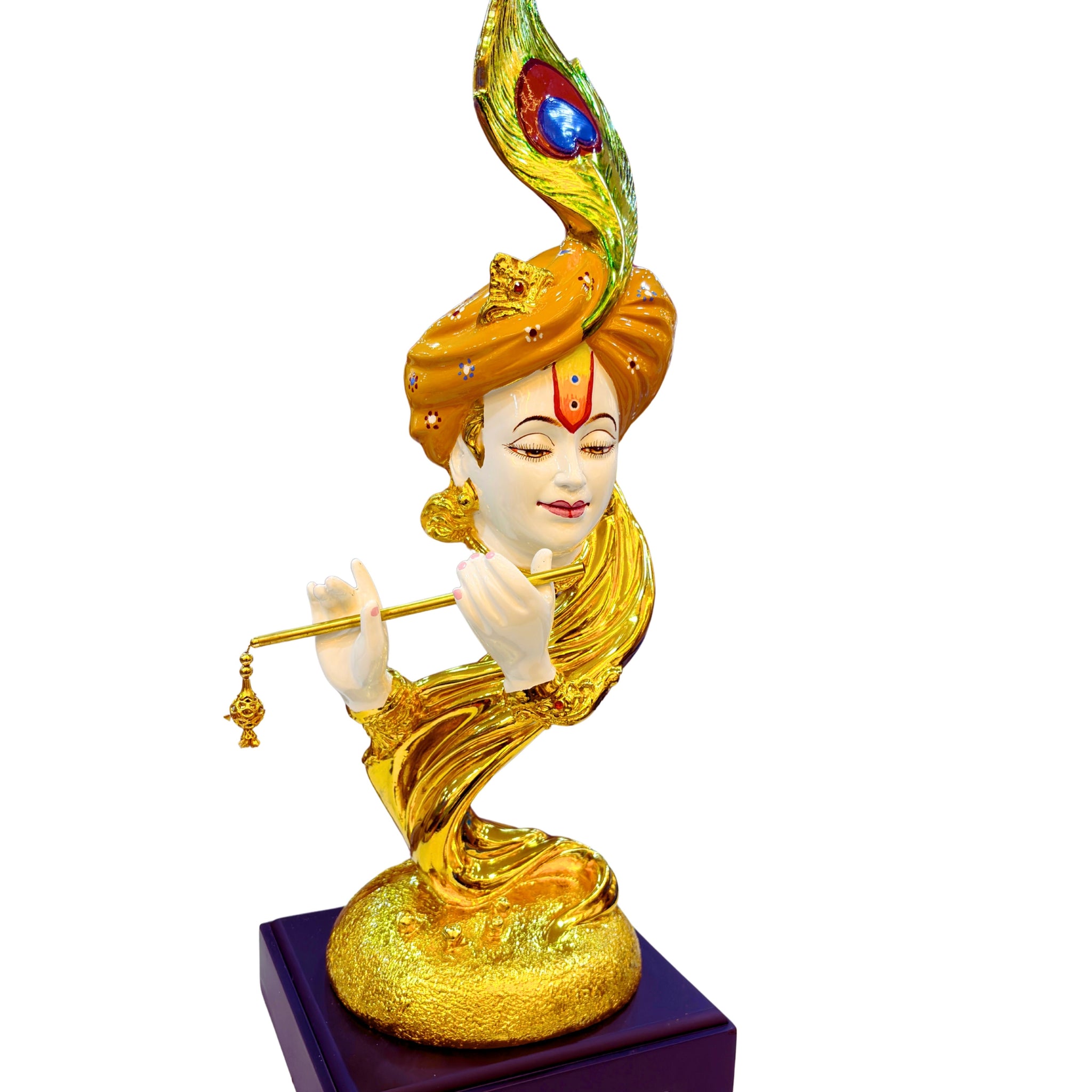 Right Side view of golden Lord Krishna resin statue playing flute – elegant home temple décor.