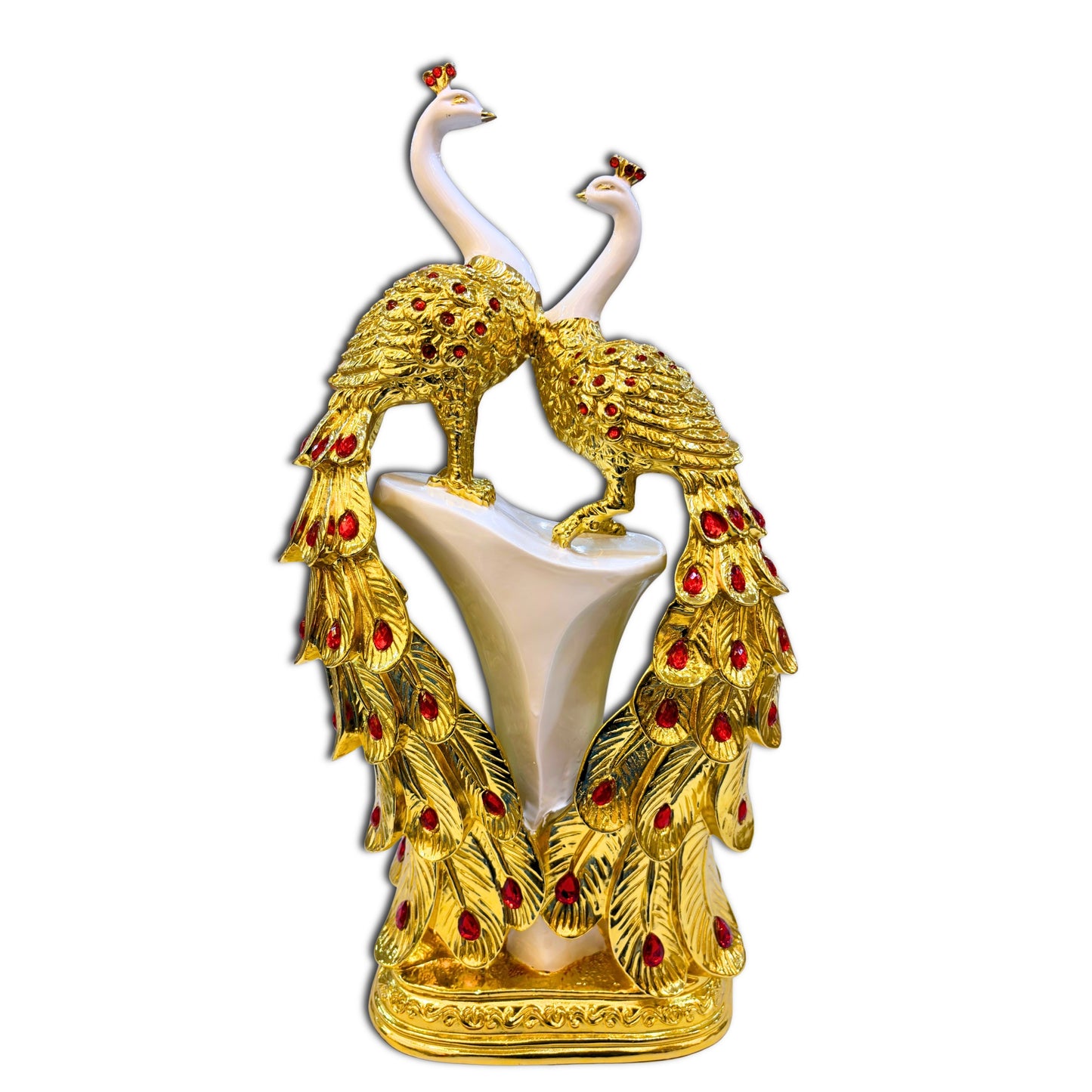 Front view of handcrafted golden polystone peacock couple statue – elegant home décor showpiece symbolizing love and prosperity
