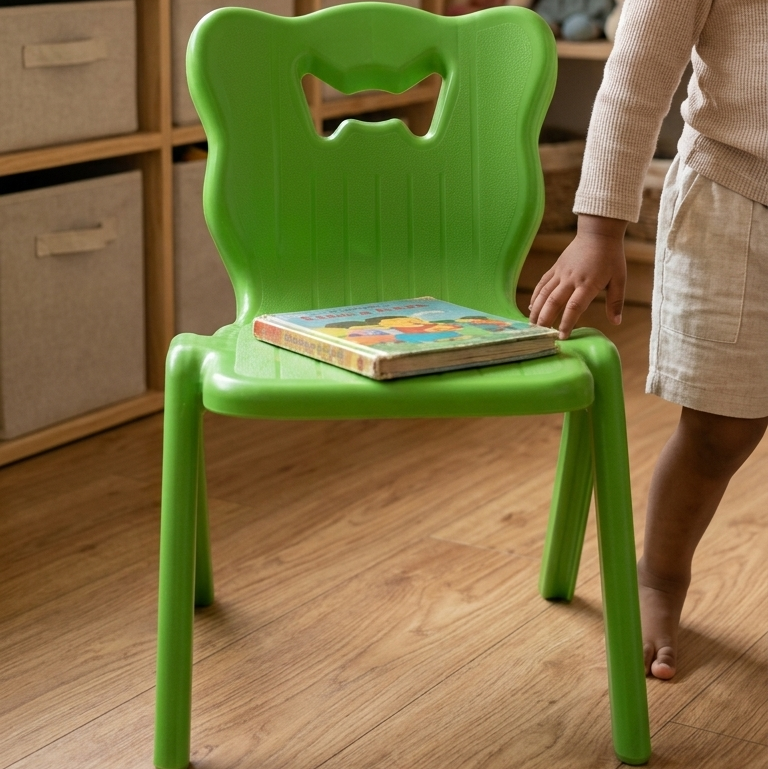 Green kids fancy plastic chair with decorative crown backrest for toddlers and children