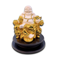 Front view of Premium Golden Laughing Buddha Statue made of high-quality resin with glossy gold finish, symbol of prosperity and happiness for home décor.