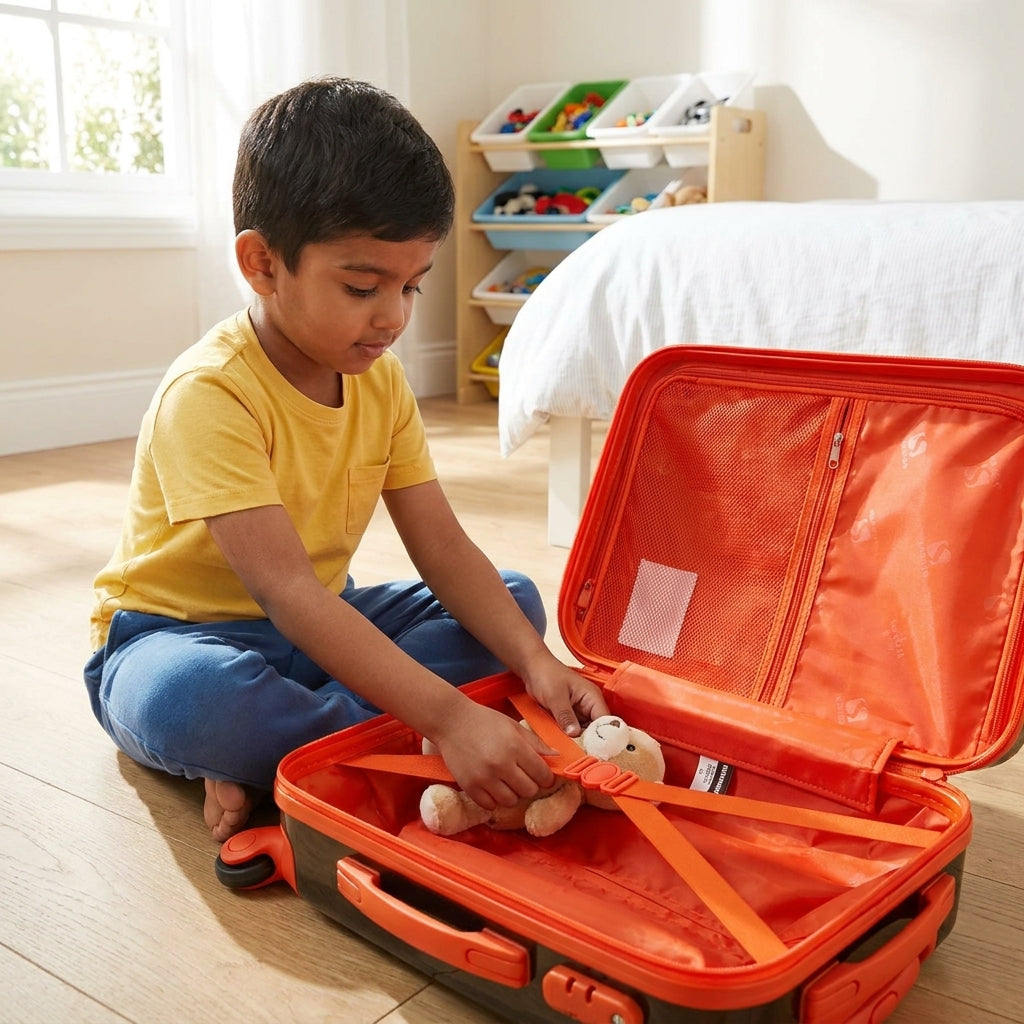 Hard shell kids trolley suitcase with 360 degree spinner wheels and red corner reinforcement trim