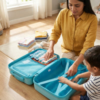 Open clamshell Peppa Pig kids cabin bag with sky blue interior and integrated luggage restraint strap system