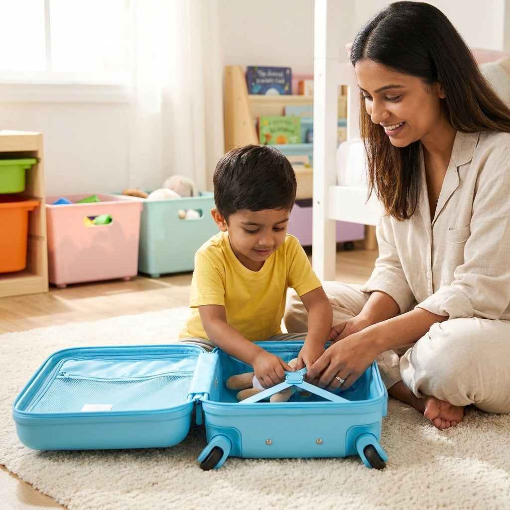 Open clamshell kids cabin bag with sky blue interior and integrated luggage restraint strap system