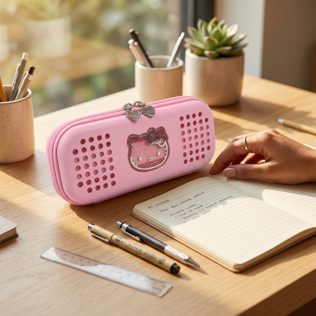 Premium pink pencil box with bear design and smooth zipper – aesthetic stationery organizer for kids
