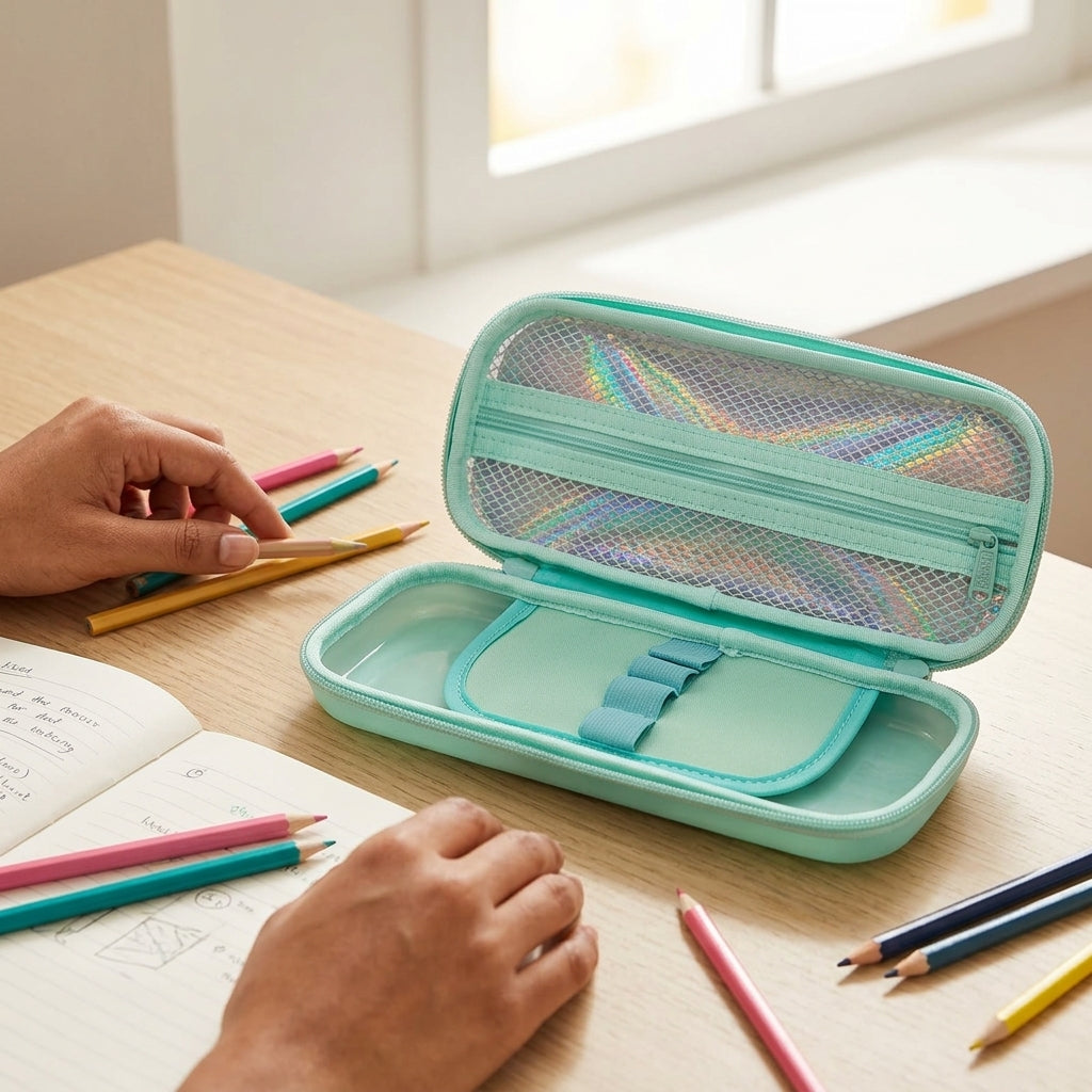 Holographic rainbow pencil pouch with kawaii cow print and Moo Yoyo design for school girls
