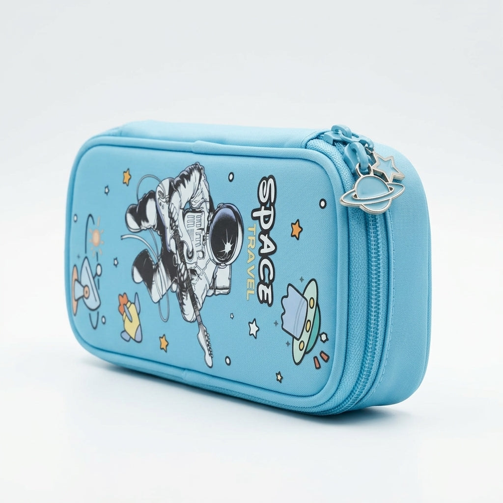 Cute holographic pencil box for kids – space astronaut zipper stationery case in sky blue