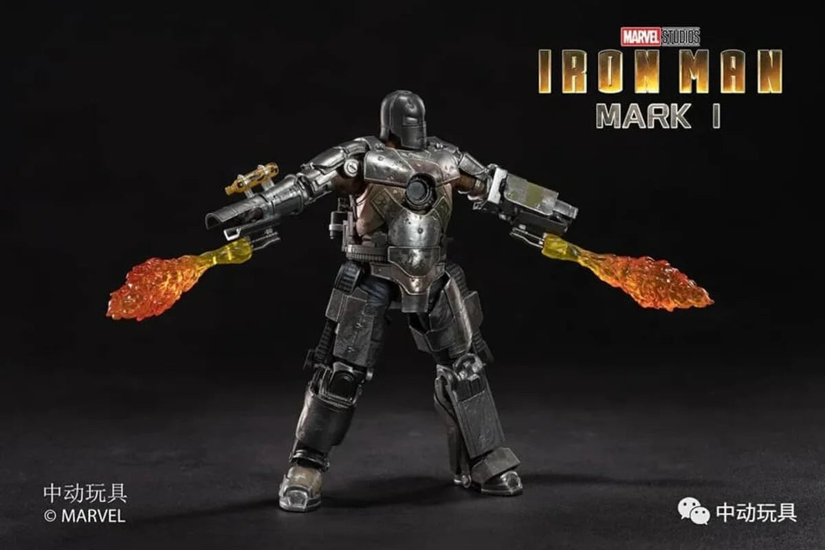 Toy figure of Iron Man Mark I with flames.