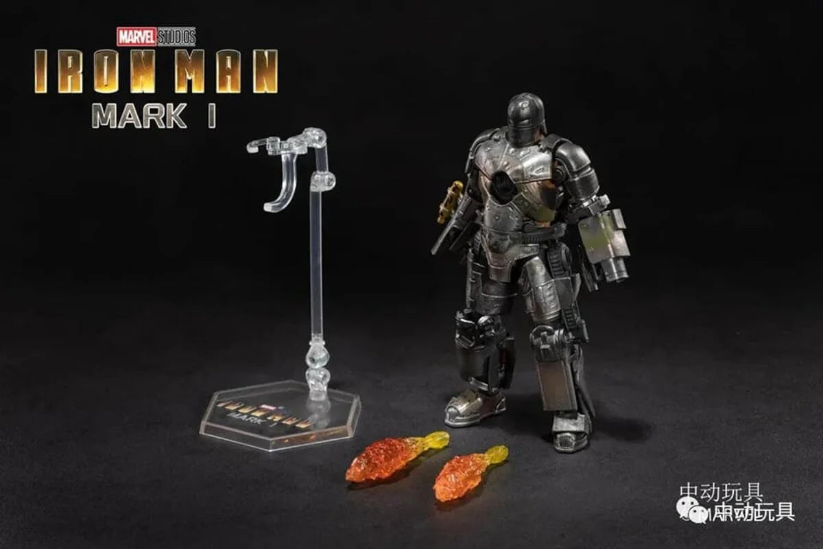 Action figure of Iron Man Mark I with a stand and gummy candies.