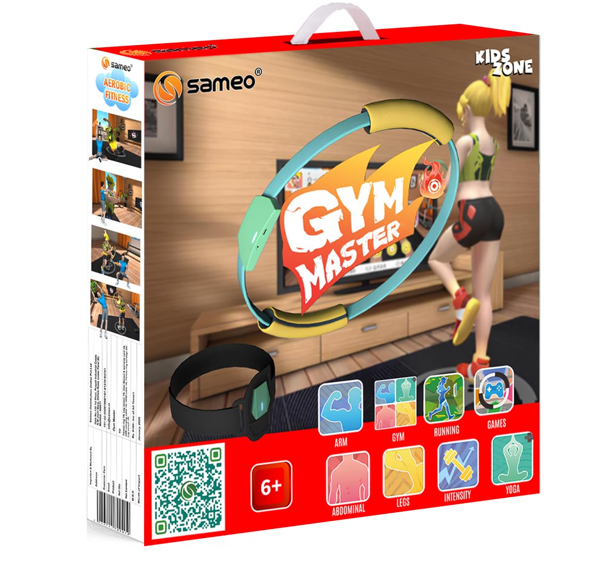A child actively playing with the Sameo Gym Master fitness ring in front of a TV screen showing an adventure game