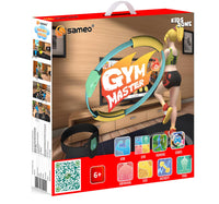 A child actively playing with the Sameo Gym Master fitness ring in front of a TV screen showing an adventure game
