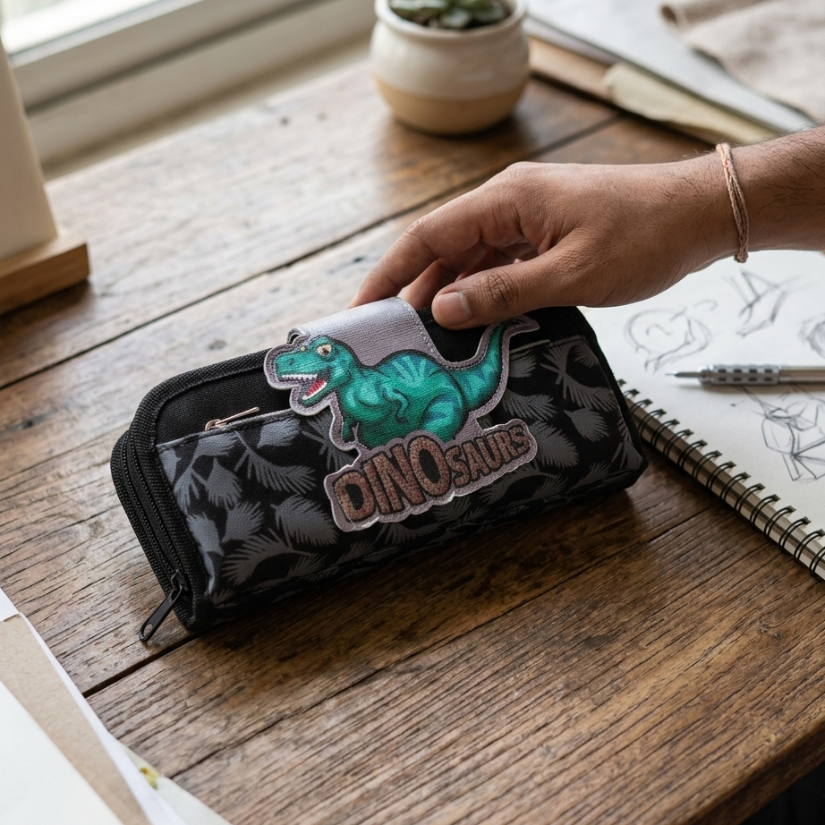 Dino flip flap pencil case with 3D T-Rex patch for school boys
